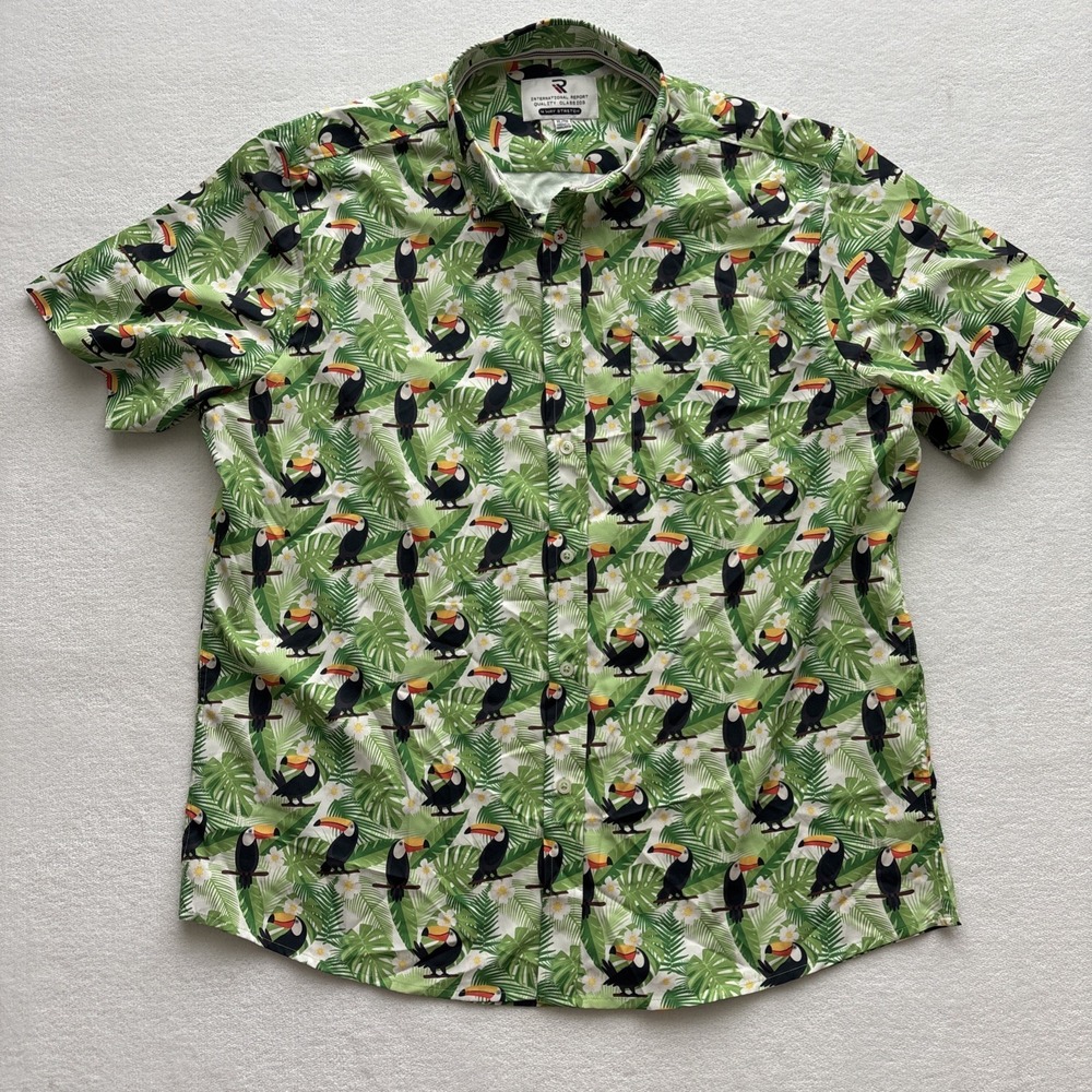International Report Button Down‎ Shirt Mens XL Green Toucan Tropical Stretch